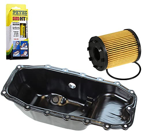 BESTPRICE 1x Ölwanne mit Bohrung für Ölstandsensor, 1x Ölfilter, 1x 70 ml Hochtemperatursilikon rot Kompatibel mit OPEL AGILA, ASTRA H, COMBO, CORSA C, CORSA D, MERIVA A (X03), TIGRA TwinTop (X04)