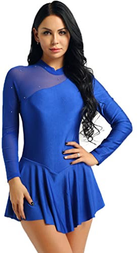 FEESHOW Damen Skaterkleid Stretch Basic Langarm Ballett Trikot Kleider Tanzkleider rückenfrei Eiskunstlauf Swing Kleid Tanz Gymnastik König Blau 38