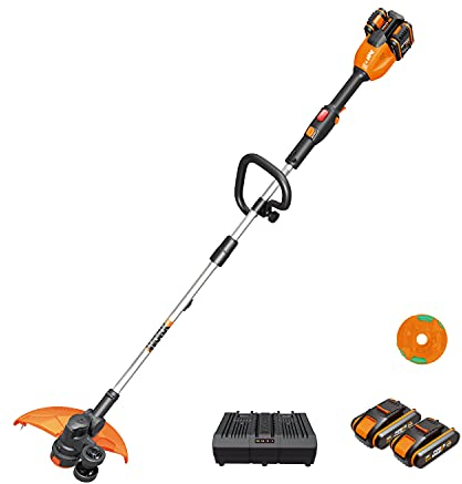 Worx 36 V (max 40 V) batteridriven grästrimmer WG184E, 2 x 20V/2.0Ah, powershare, 33 cm skärbredd, vikbar, 1 timme. Dubbel snabbladdare, 2 x 18 V