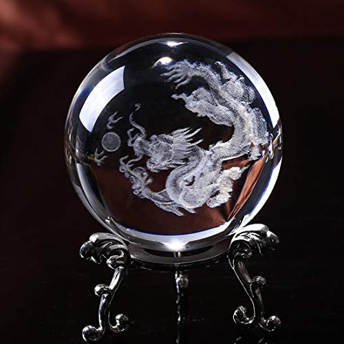 HDCRYSTALGIFTS Boule de Cristal en Forme de Dragon Chinois de 60 mm avec Support de Fleurs plaqué Argent, décoration d'intérieur