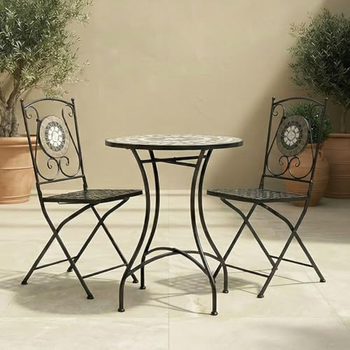 CHARLES BENTLEY Garden Black Mosaic 3 Piece Dining Set, With Folding Chairs, Outdoor, Patio, Conservatory, Foldable Chairs, Antirust Finish, Interwoven Seat, 2 Person, Round Table, Robust (65x65x72cm)