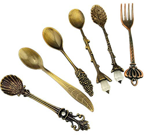 cuhair Set di 6 cucchiaini Tiki piccoli cucchiaini da caffè vintage palazzo, forchetta in metallo retrò, cucchiaini da dessert personalità (bronzo)