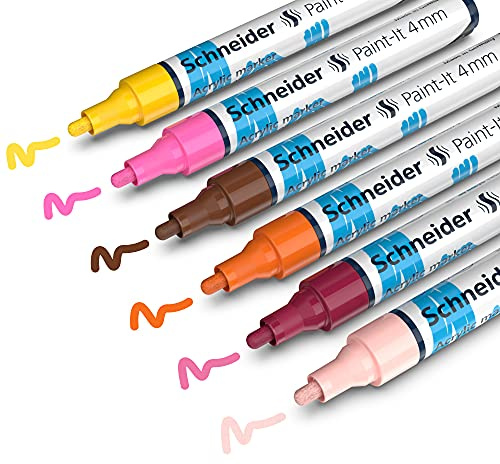 Schneider Paint-It 320 - Set di pennarelli acrilici 3 (punta tonda da 4 mm, altamente coprente, per quasi tutte le superfici, 6 pezzi