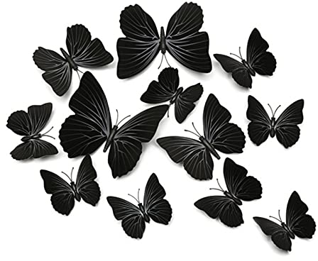 FuninCrea 3D Butterfly Wall Art Stickers - Waterproof Magnetic Simulation Decals With Tape - Removable Bedroom Decorations (Black, 12 Pieces)