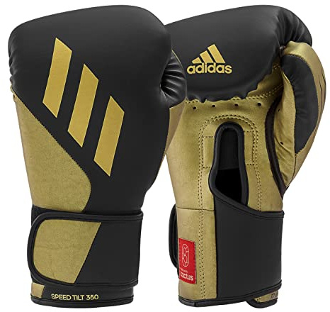 Adidas Boxhandschuhe Speed Tilt 350 Velcro - 14 oz, Farbe: schwarz/Gold - mit innovativer TILT®-Technologie - die ersten 100% nachhaltig hergestellten Boxhandschuhe aus Kaktusleder