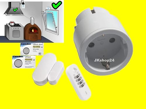 Mini FUNK-Abluftsteuerung-SET Intertechno HighTech-Dunstabzugshauben-Steuerung | Power-Zwischenstecker 2300W + Mini-Fensterkontaktschalter (optionaler Timer 0/1/5/10 min.einstellbar) +Ersatzbatterien