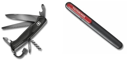 Victorinox, Taschenmesser, Ranger 55 Onyx Black, 130 mm, schwarz (13 Funktionen, Feststellklinge, Dosenöffner, Schraubendreher 3 mm) & Dual Messerschärfer, Schärfen von geraden Klingen, schwarz/rot