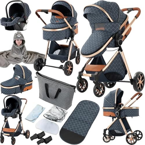 Prokoke Carrito Bebe 3 en 1, Carrito Bebe con Empuje Reversible de Dos Vías, Carro 3 Piezas con Estructura de Aleación de Aluminio, Cochecito Tres Piezas Para Recién Nacidos (225 Blue)