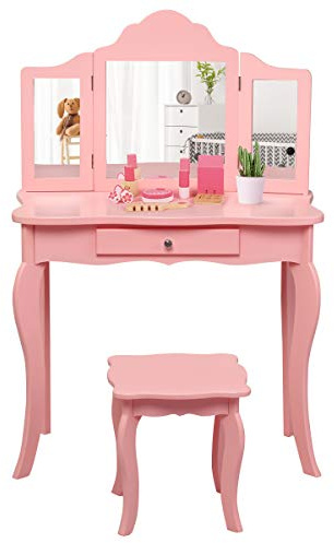 LIFEZEAL 2 in 1 Toeletta con Sgabello Bambina 3-7 Anni, Tavolo da Trucco, Set di Vanity, Mobile Specchiera,Specchio Triplice,Rimovibile,1 Cassetto,per Cameretta, Legno,Rosa,70 x 34 x 104cm (L x B x H)