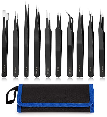 YHYZ Set di 9 pinzette di precisione, in acciaio inox antistatico aggiornato (fine, curvo, piatto), perfetto per artigianato, elettronica, saldatura, modello, hobby, creazione di gioielli, laboratorio