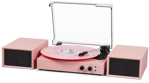 TANLANIN Vinylskivspelare med externa högtalare, vintage 3-växlad skivspelare med dubbla högtalare, Bluetooth-musikuppspelning, MP3-PC-kodning, AUX-ingång hörlursuttag och RCA-utgång, rosa