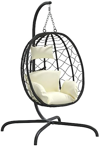 vidaXL Silla Colgante Huevo Acero ratán sintético cojín Blanco Crema, Hamaca Huevo, Huevo sillón Colgante, Silla Huevo ratán, Huevo Colgante jardín