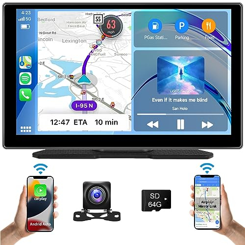 Hodozzy Tragbares Autoradio Wireless CarPlay Display Android Auto, Airplay Mirror Link, 9 Zoll Touchscreen Monitor CarPlay Bildschirm mit Bluetooth, AUX/FM/SD Karte, Car Multimedia Player mit Kamera