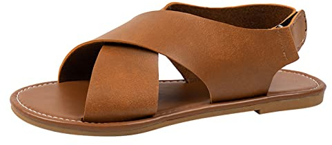 CsgrFagr Ladies Fashion Summer Solid Color Leather Open Toe Hook Loop Flat Bottom Sandals Women Slides (Brown, 8)