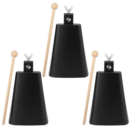 3 Packungen 15,2 cm Metall Stahl Kuhglocke Geräuschmacher, Kuhglocke mit Holzschlägeln für Schlagzeug, Hochzeiten, Fußballjubeln und mehr, von GENHAKON