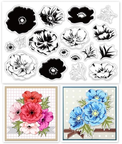 INFUNLY Anemone Clear Stamps Layered Flowers Clear Stamp Seals 6.3x4.3 Zoll Pflanzen Silikon Transparente Stempel Blätter Clear Stamps Anemone Stempelset Für Kartenherstellung DIY Scrapbooking