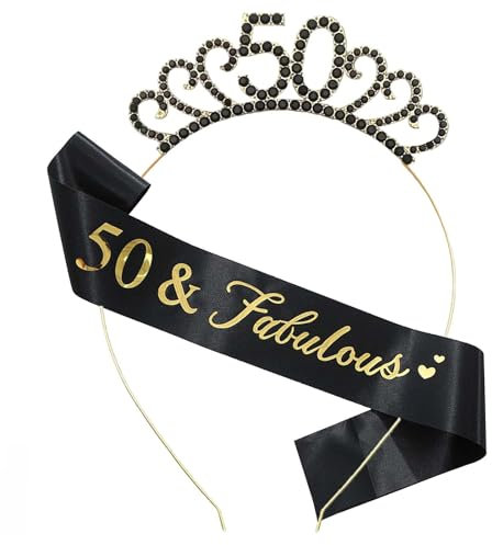 MIOSJI 50th Birthday Sash and Crown Crystal Tiara for Women 50th Birthday Hats Decorations Gift Party Accessories