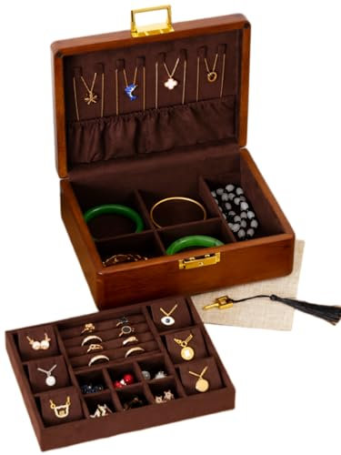LIBOLXSP Solid Walnut Wood Jewelry Box with Lock,2 Layer Velvet Wood Jewelry Organizer Storage Lined for Earrings Rings Necklaces Bracelets Cufflink Gift Idea for Men Women, Vintage Brown