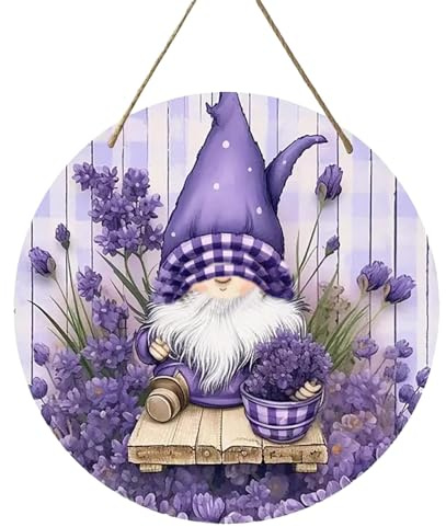 Türhänger mit Gnomen – farbenfrohes Türschild mit Gnomen, langlebige, lebendige Türdekoration mit Gnomen | Frühlingsschild mit Lavendelblüte und Gnomen, 20 cm, Holztürhänger, Türhänger mit Gnomen für