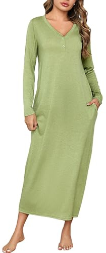 Leversic Chemise de Nuit Longue Femme Coton Manches Longues Robe de Nuit Peignoir de Bain Vert XL