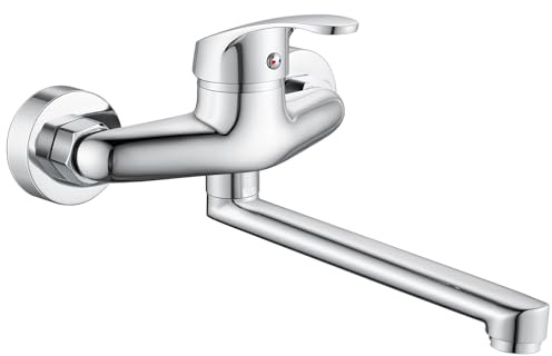 Wasserhahn Küche Wandmontage, 360° Drehbar Wasserhahn Mischbatterie Küche Wandarmatur, Einhebelmischer Küchenarmatur für Drehbares Rohr 230mm, Warmes und Kaltes Wasser, Verchromt