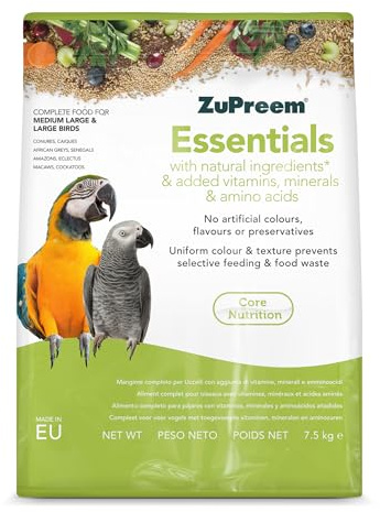 Zupreem Essentials foder för sällskapsfåglar - naturliga ingredienser - Fågelfoder lämpligt för papegojor, aror, kakaduor, pipor och andra medelstora, stora och stora fåglar - 7,5 kg