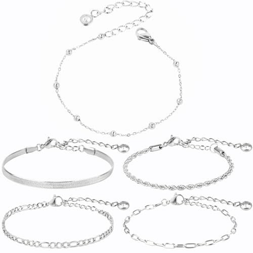 Maxmoc 5 Stück Armband Damen,Edelstahl Armbänder,Verstellbar Armkette Damen,Modeschmuck Schmuck Silber für Damen Mädchen