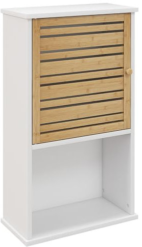 HOMCOM Wandschrank für Badezimmer, Badezimmerschrank, Badschrank, Hängeschrank mit Lamellentür aus Bambus, Aufbewahrungsmöbel, verstellbares Regal, 40 x 20 x 70 cm, Weiß