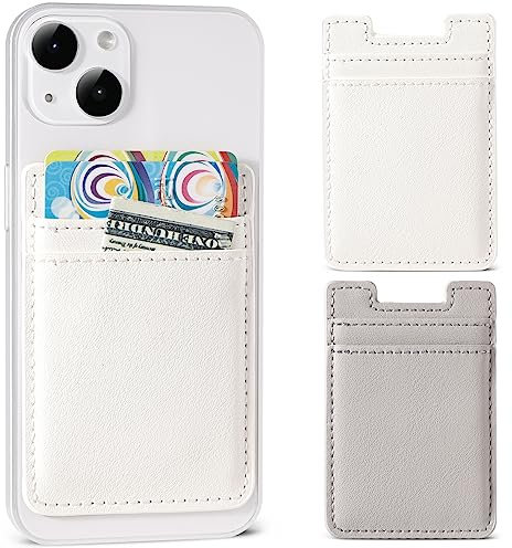 Fulgamo 2Pack Phone Wallet Stick On,Leather Phone Card Holder for Back of Phone Case,Sticky Adhesive Credit Card Pocket RFID iPhone and Android-White,Grey