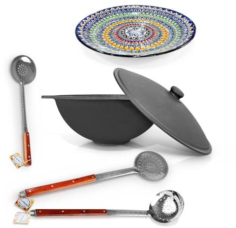 ZARENHOFF Kazan 635 - Juego de cañón de hierro fundido uzbeko (22 L, base plana, tapa, 2 espumaderas de 64 cm, espumadera de 48 cm, diámetro de 42 cm, cañón de gulash Kazán para acampar Kazan)