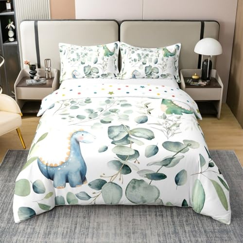 Erosebridal 100% Cotton Kawaii Dinosaur Duvet Cover King,Cartoon Animal Dino Comforter Cover,Eucalyptus Leaves Toddler Bedding Set,Jungle Wildlife Quilt Cover Tropical Plants Bed Set