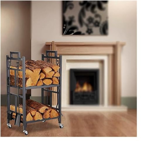 Kamin Kaminholz Lagerregal， 2-lagiger Holzscheithalter mit großer Kapazität, Kaminholzständer mit 4 Werkzeugen, Kaminwerkzeug-Sets, Brennholzständer for die Aufbewahrung von Werkzeugen im Innen- und A