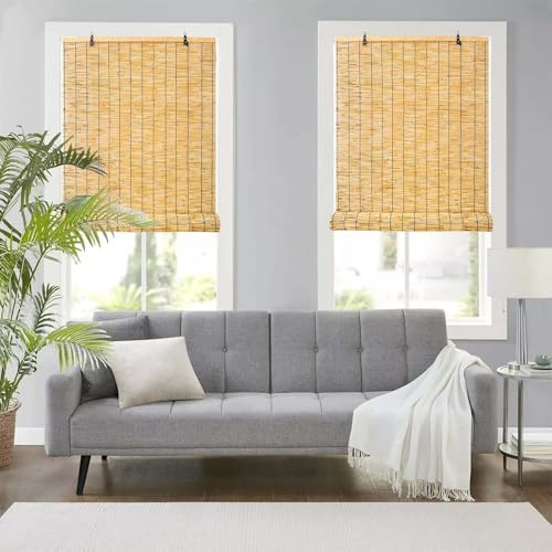 Verdunkelung Schilf Vorhang Mit Lifter 40-180cm Bambus Rollos Für Fenster Wasserdicht Retro-Raffrollos Sichtschutz Balkon Trennwand Anpassbar Für Außen Innen Fenster Und Türen Garten Terrasse(Primary