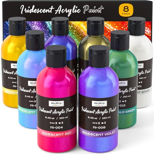 Nicpro 8 Colori Acrilici per Dipingere Iridescenti, 8×250 ml, Vernice Acrilica Metallizzata, Colori Cangianti e Atossici, per Pittura Artistica su Tela, Tessuto, Roccia e Legno, con Ruota dei Colori