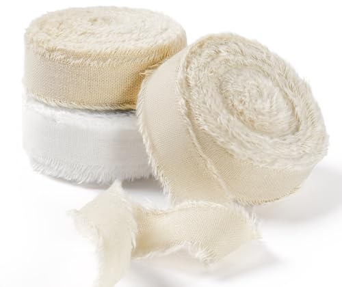 FAKILO Natürliches rustikales Baumwollband mit ausgefranstem Rand, 100% Baumwollband, 1,6 cm x 16 m, für Vintage-Hochzeitssträuße, Einladungen, Babypartys, Geschenkverpackungen, Bastelarbeiten