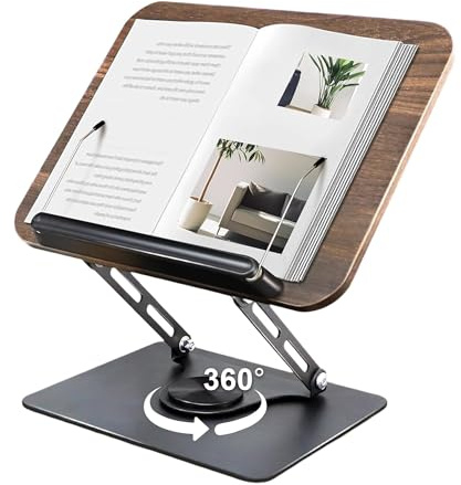 Buchständer Verstellbarer, Holz Buchhalter Leseständer zum Lesen mit 360° Drehbarer Basis, Kochbuchständer, Rezeptbuchhalter mit elastischen Seitenklammern für Musikpartituren Rezepte Tablet Laptop