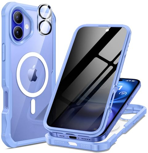 seacosmo Sichtschutz Hülle für iPhone 16 [Kompatibel mit Magsafe], Anti-Spy Handyhülle 360 Grad Schutzhülle, Stoßfestes Case mit Eingebautem Privacy Panzerglas und Kamera Schutzfolie [9H HD] - Blau