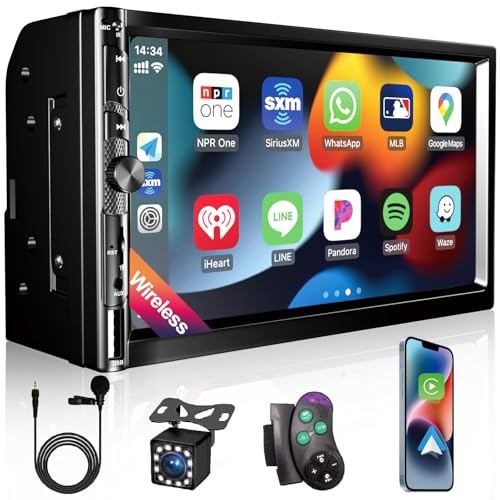 7 Inch Car Stereo with Wireless Apple CarPlay,Double Din Car Radio Androdi Auto,Bluetooth 5.2,IPS 1024 * 600 Display,FM Radio, Backup Camera,Online Navigation,178 * 100mm,Car Audio Receivers