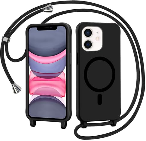 Coqinen Handyband für iPhone 11 Hülle mit Band, Magnetische Handyhülle Kompatibel mit Magsafe, Necklace Silikon Case mit Kordel zum Umhängen Handy Schutzhülle mit Kette, Schwarz
