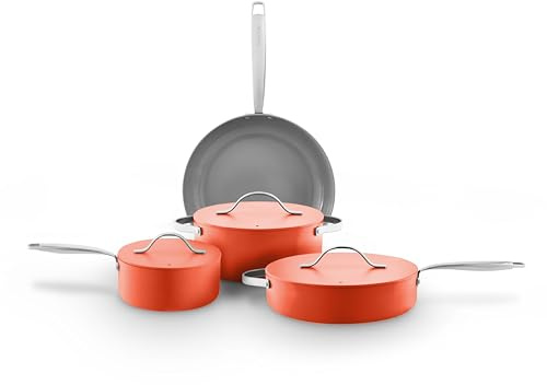 Sur La Table Colour Me Happy 4pcs Cookware Set, Frying Pan, Saucepan, Casserole, Multi-Pan, 10x Stronger Ceramic Coating, Lids with Steam Release, Induction Compatible, Aluminium, Orange, SLT800320ORG