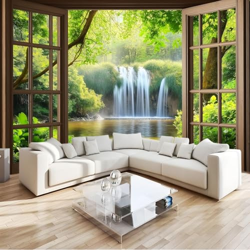 Carta da parati Fotomurali Cascata Della Foresta 3D Fuori Dalla Finestra, Moderne Murale Vello Decorazione Murale Verde 350 x 256 cm per Decorazione Soggiorno Camera De Letto Sala Ufficio