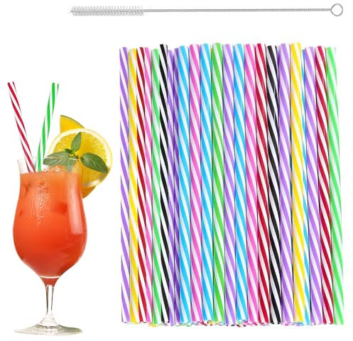 50 Pack Reusable Plastic Straws Set,BPA-Free Hard Drinking Straws with Cleaning Brush for Cocktails, Boba, Iced Coffee (Home, Bar, Restaurant Use)