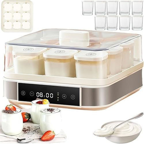 WuDLi Automatic Yogurt Maker, 40W Automatic Digital Yogurt Maker with Adjustable Temperature & Time Control, 9pcs Glass Jars Stainless Steel Yoghurt Maker for Home Organic Yogurt
