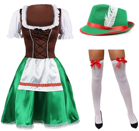 Ladies Oktoberfest Beer Maid Costume Set - XXLarge - Bavarian Dirndl Dress with Green Hat and Bow Stockings – Traditional German Fancy Dress Outfit