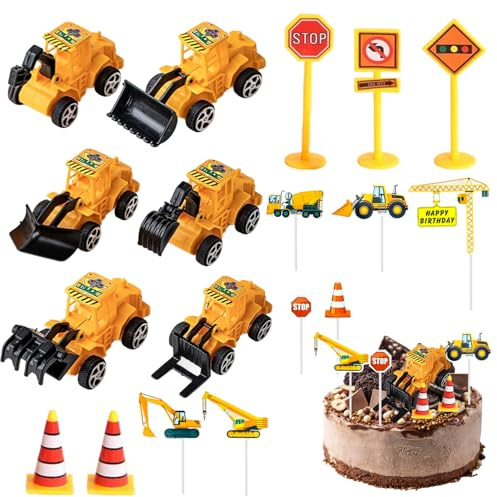 Bagger Tortendeko, 18 Stück Baustelle Kinder Kuchen Deko, Kuchendeko Geburtstag mit Baggern Straßensperren, Cake Topper Für Kindergeburtstag 2 3 4 5 Jahre, Junge Mädchen Baustellenfahrzeuge Fans