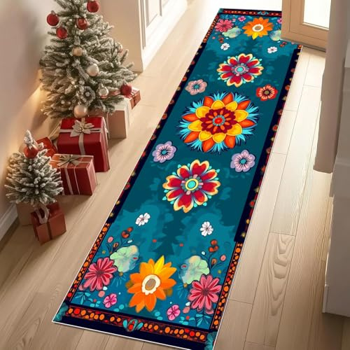 Jijliczc Retro Tradition Blumenmuster Teppich Läufer 60x150 cm Farbe Blumen Anlage Teppiche rutschfest Waschbar Bettumrandung Schlafzimmer, Teppichläufer für Küche, Flur, Eingangsbereich