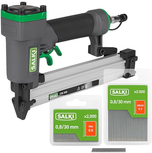 SALKI Compressed Air Nailer CSK PB08 + 2,000 Pins Pin 0.8 x 30 mm + 2,000 Brad Nails 0.8 x 30 mm | Compressed Air Nail Gun | Staple Device for Carpentry and Woodwork