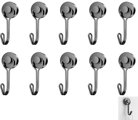 Kmuqshy 10 Pcs Magnetic Hooks, Swivel Swing Neodymium Magnet Hooks,15.43LBS/7KG Swing Magnetic Hook for Kitchen, Fridge, Office, Garage, Wall, Key, Bag, Tool Holder, No Drilling, Space-Saving (Black)