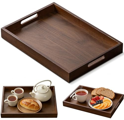 Tablett Serviertablett Groß, 38x26x4cm Holztablett Rechteckig mit Griffen, Serviertablett Holz Frühstückstablett, Multifunktionell Holztablett Dekofür Frühstück Snacktablett Getränke Kaffee