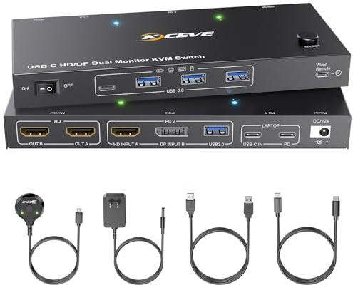 KCEVE KVM Switch 2 Monitors for 1 Laptop 1 Desktop | MST, 4K@60Hz, PD 100W, USB 3.0 KVM Switch 2 Monitors 2 Computers USB C Displayport HDMI, Power Adapter and Wired Remote